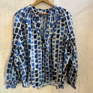 NIC + ZOE Blue And White Long Sleeve V-Neck Popover Print Blouse Sz 1X